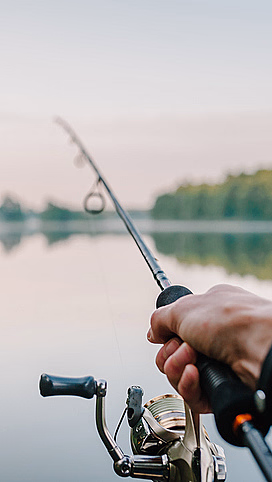 En hånd som holder en fiskestang over et stille vann med skog i bakgrunnen