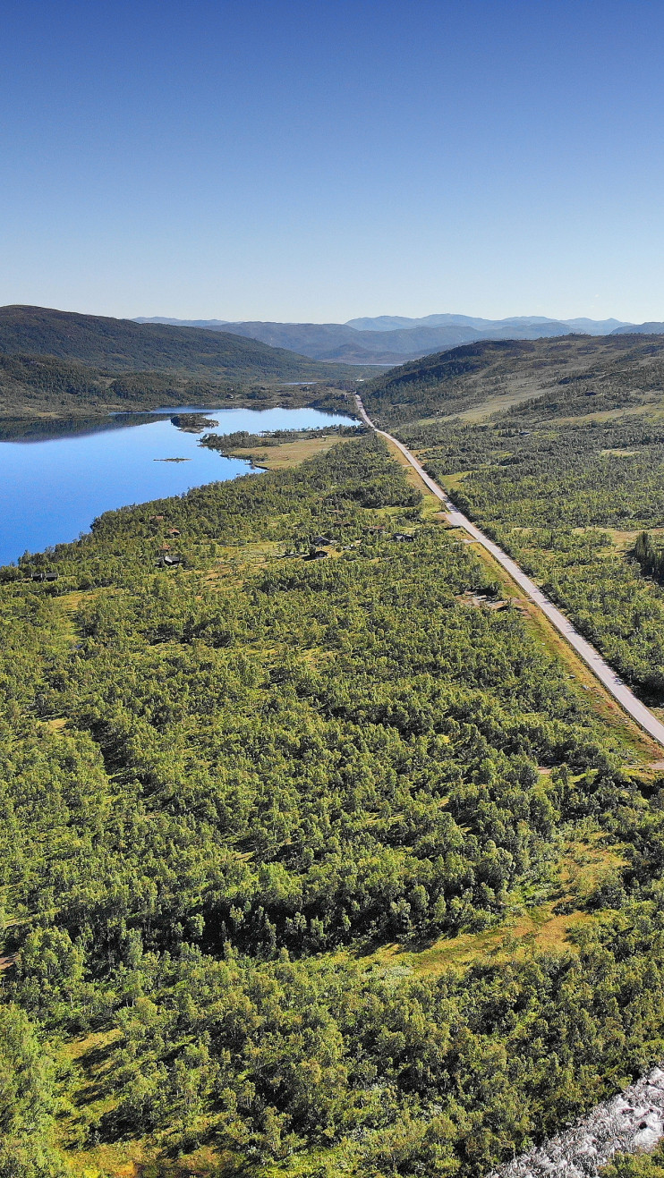 Flyfoto av en vei som strekker seg gjennom et grønt fjellandskap ved siden av en innsjø og en elv