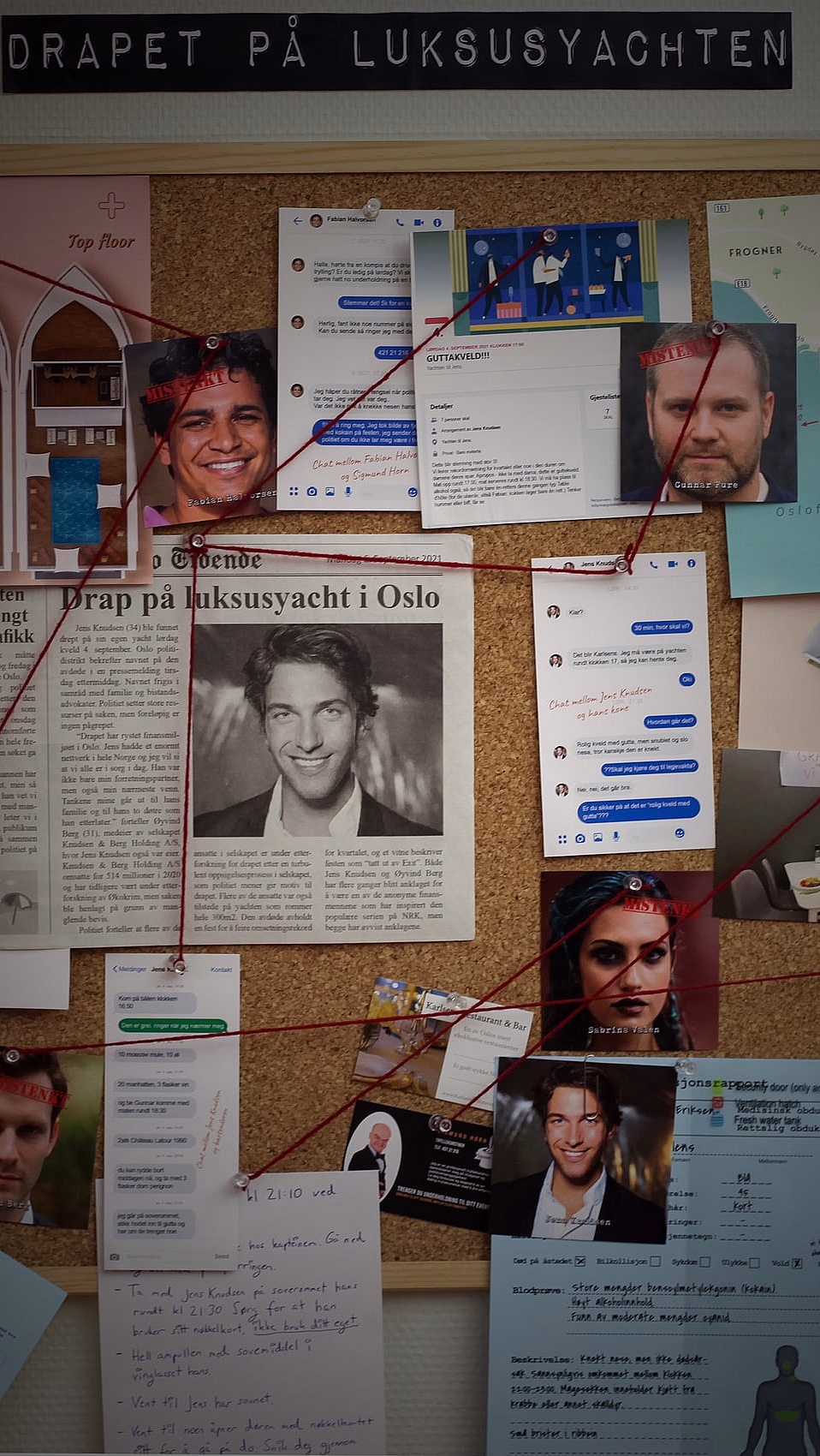 Oppslagstavle med bilder, kart og røde tråder med teksten DRAPET PÅ LUKSUSYACHTEN