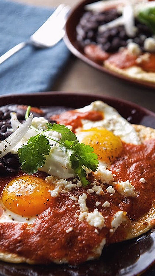 To tallerkener med tortilla, speilegg, rød salsa, svarte bønner, hvit ost og koriander