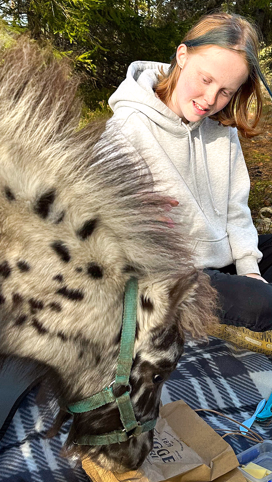 Ung person på rutete teppe i skogen med et lite prikkete dyr som spiser fra en papirpose