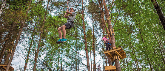 Person i klatresele som kjører zipline mellom trærne i en klatrepark