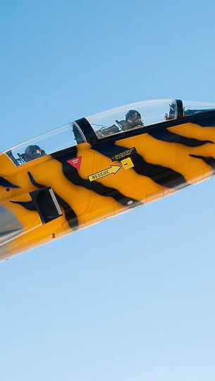Jagerfly med tigermønster i luften mot en blå himmel
