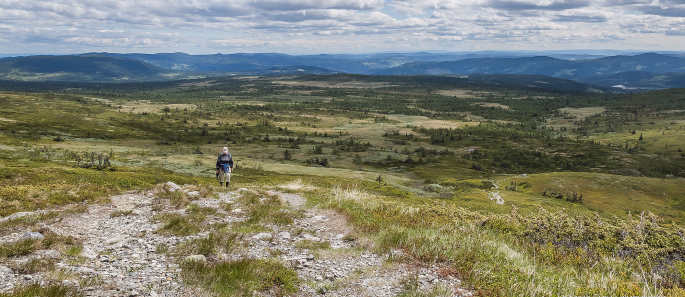 Person på fjelltur i åpent landskap under en skyete himmel