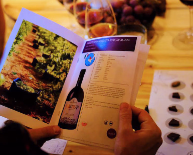 En person holder et hefte om vin ved siden av et brett med sjokoladebiter