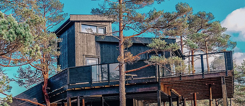 Kvinne med to barn foran en tretopphytte i skogen med teksten Tretopphytter