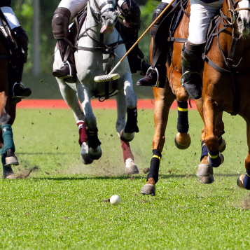 En person på en hest som spiller polo på en gressbane med en polokølle