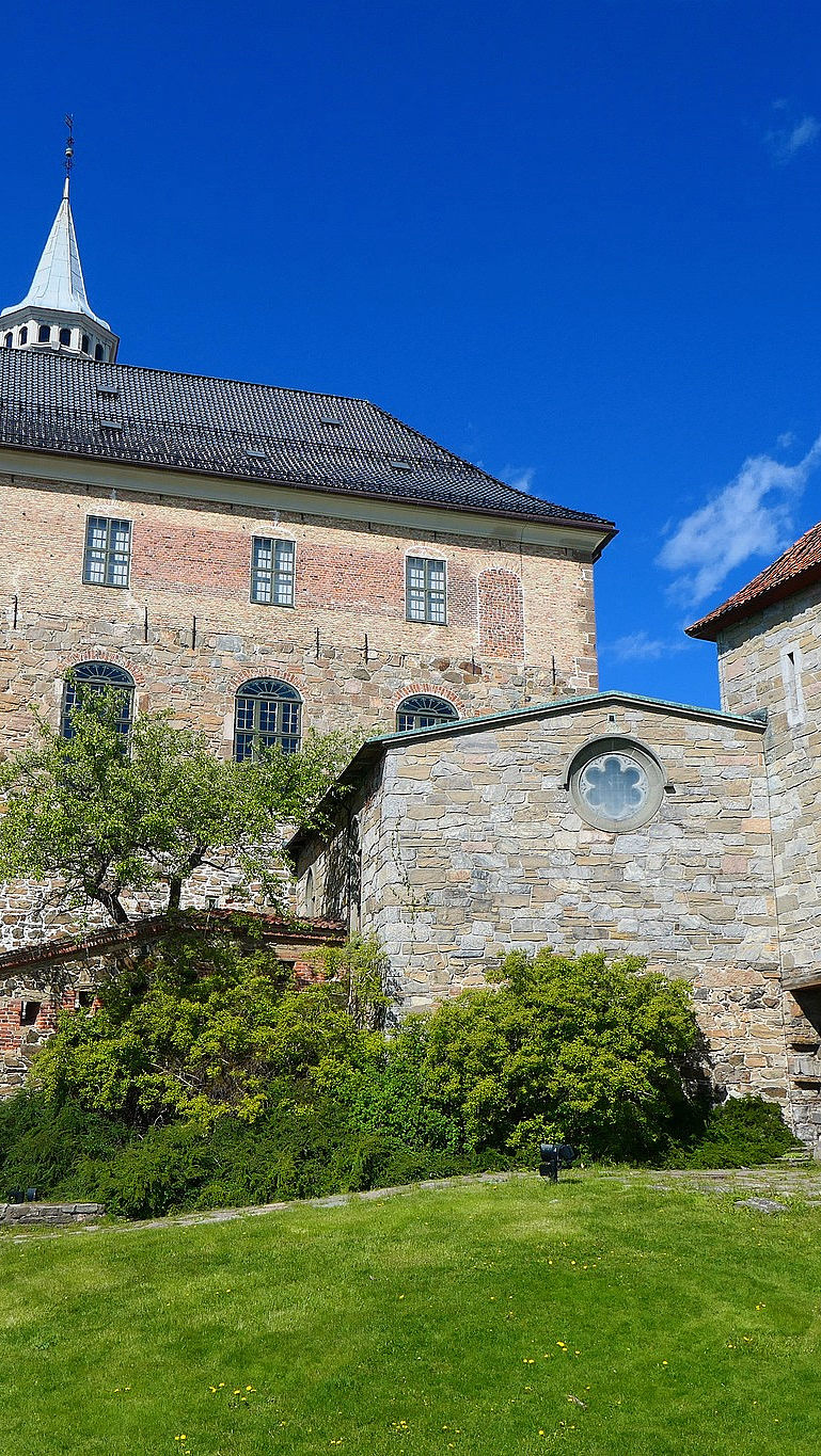 Et stort steinslott i grå og brun stein med et hvitt spir, et firkantet tårn med rødt tak og buede vinduer på en grønn gressbakke under en blå himmel.