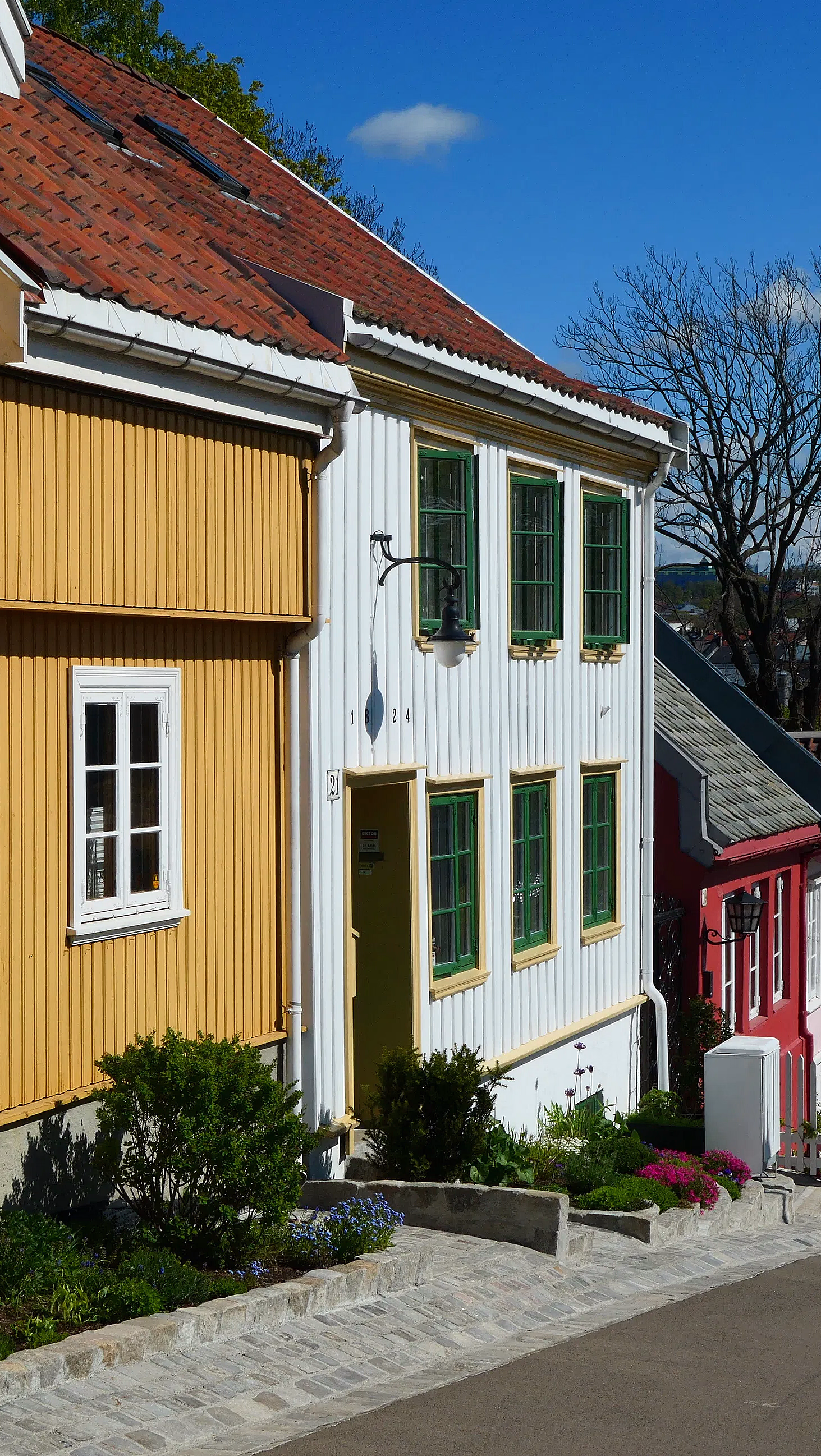 Bratt gate med fargerike trehus i gult, hvitt og rødt, blomsterbed langs veikanten og to syklister på vei ned bakken.