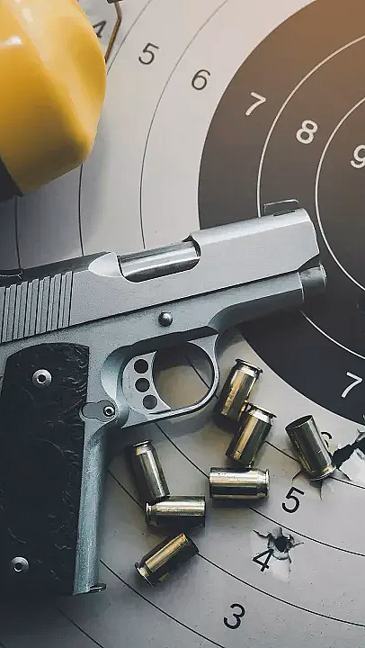 Sølvfarget pistol med svart grep på en papirblink med kulehull, tomhylser i messing og gule hørselvern.