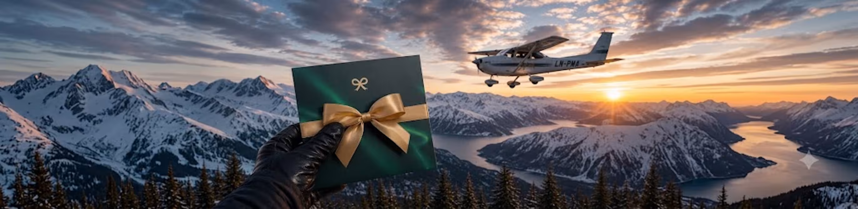 En hånd som holder en grønn gaveeske foran et småfly og snødekte fjell i solnedgang