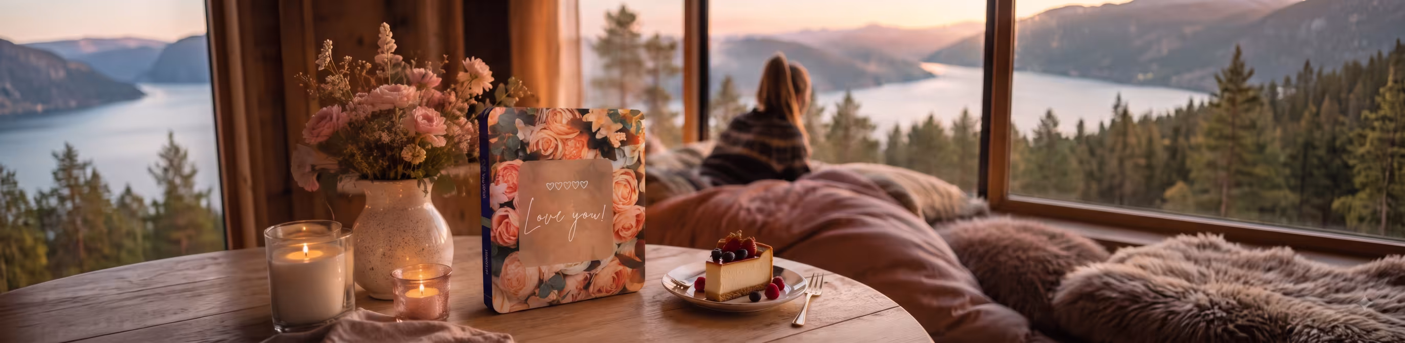 Kake, blomster og et kort med teksten Love you på et bord foran et vindu med utsikt over en fjord