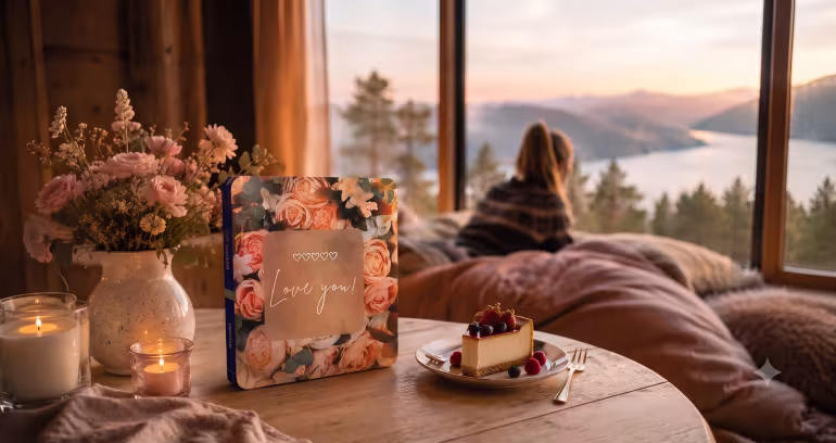 Gaveeske med teksten Love you, kake og blomster foran et vindu med utsikt over skog og vann
