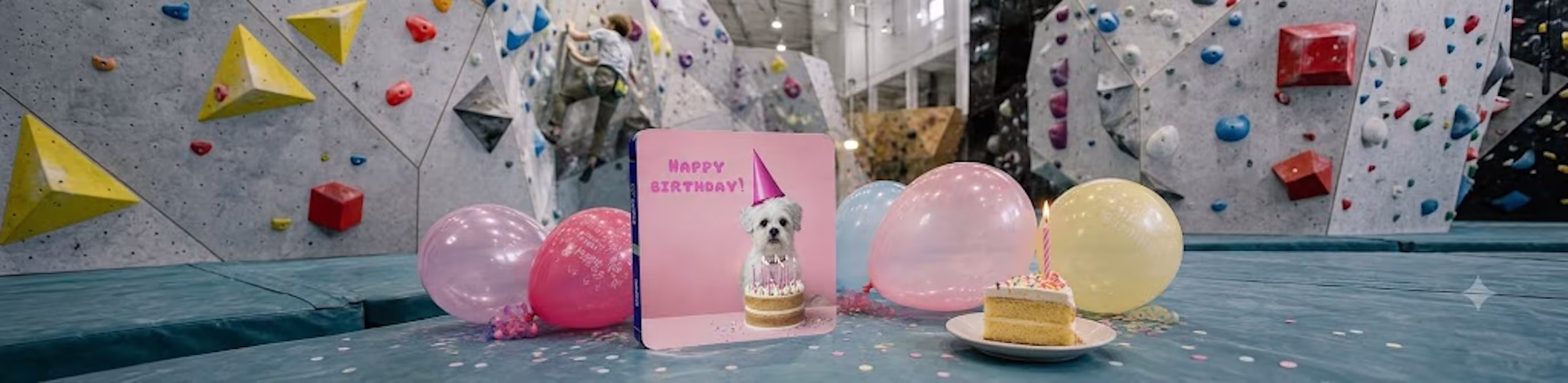 Bursdagskort, kake og ballonger foran en klatrevegg i en klatrehall