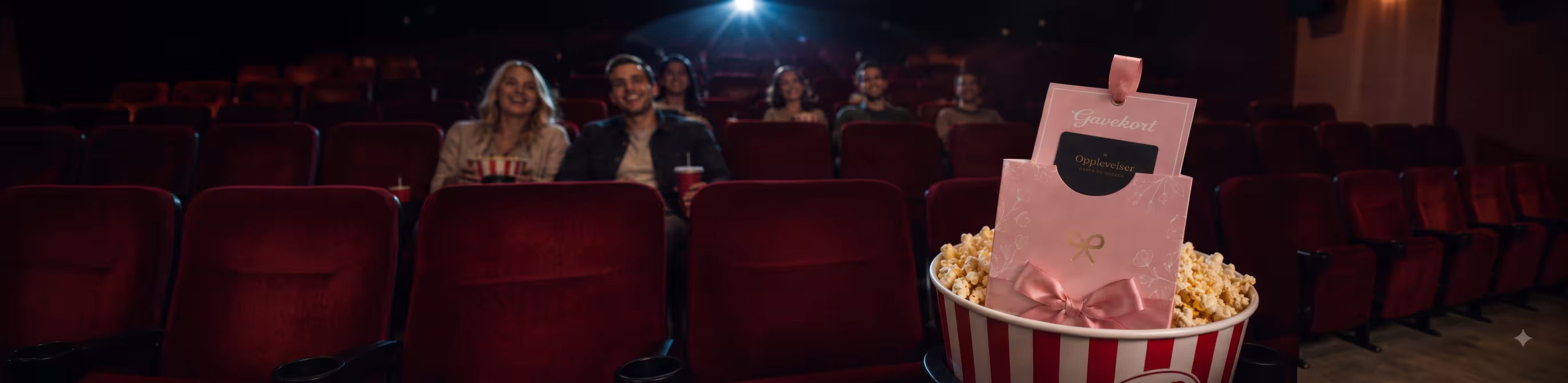Et rosa gavekort i et beger med popcorn foran publikum i en kinosal