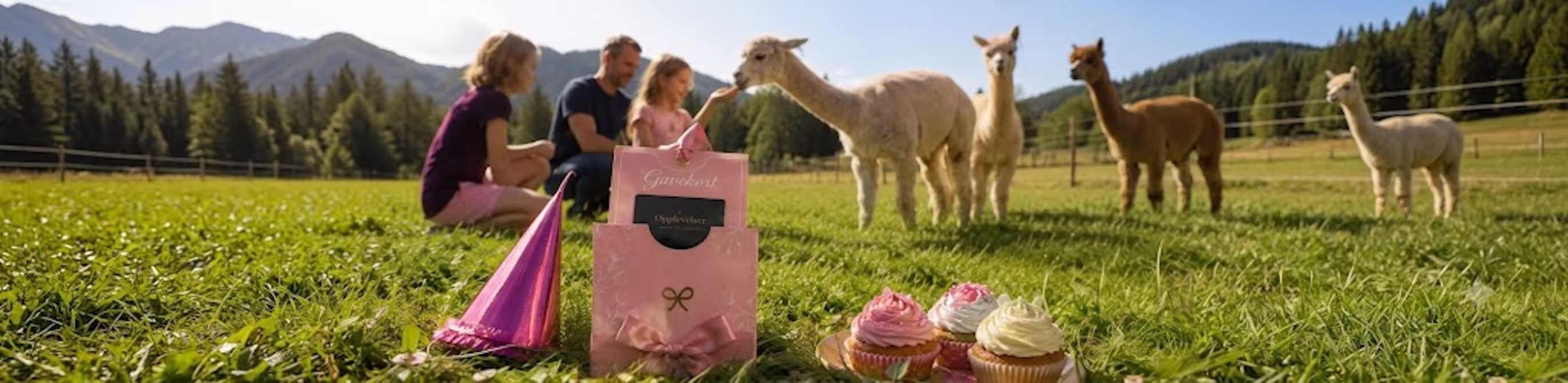 Familie som mater alpakkaer på en eng med gavekort og cupcakes i forgrunnen