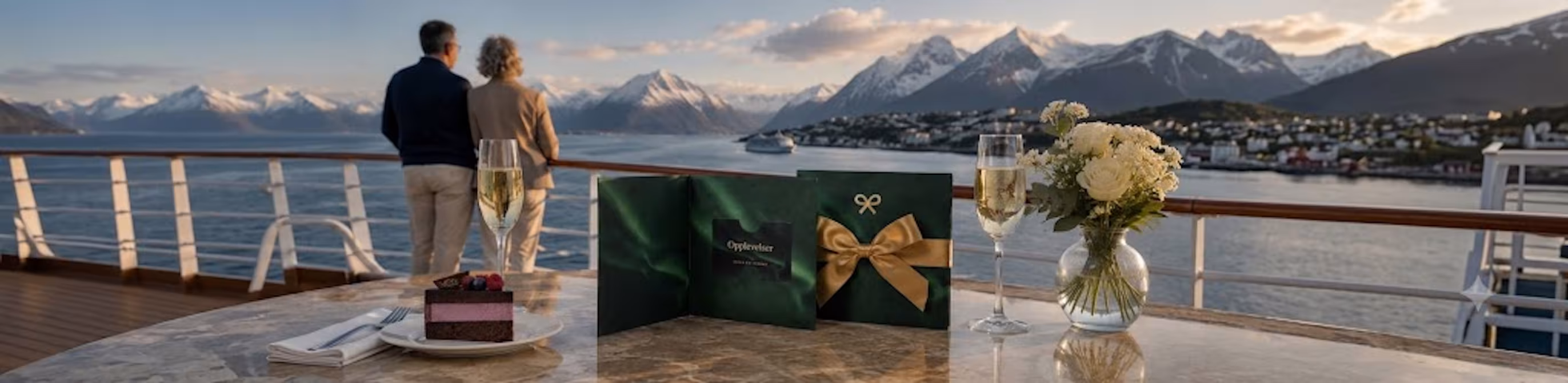 Par på skipsdekk som ser mot fjell, med kake, musserende vin og en gaveeske på et bord i forgrunnen