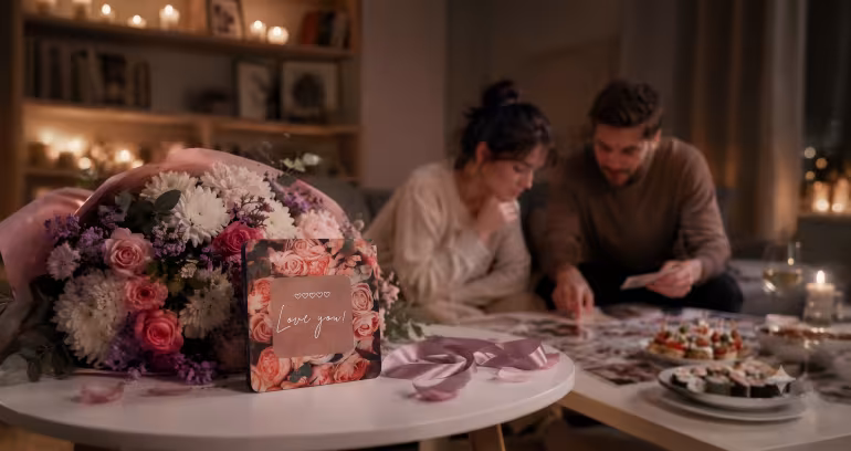 Blomsterbukett og kort med teksten Love you foran et par som ser på bilder og spiser sushi