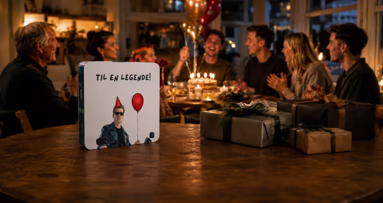 Gaveeske med teksten Til en legende og pakker på et bord foran folk som feirer bursdag