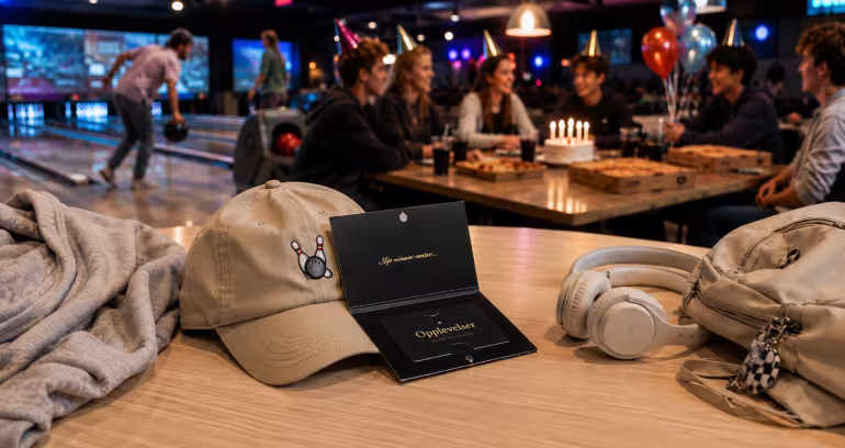 Caps, hodetelefoner og et gavekort på et bord med en bowlinghall i bakgrunnen