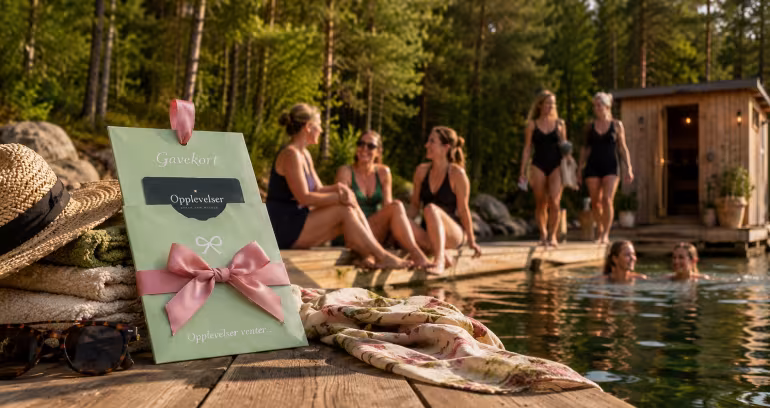Gavekort med teksten Opplevelser foran kvinner som bader og soler seg ved en flytstue