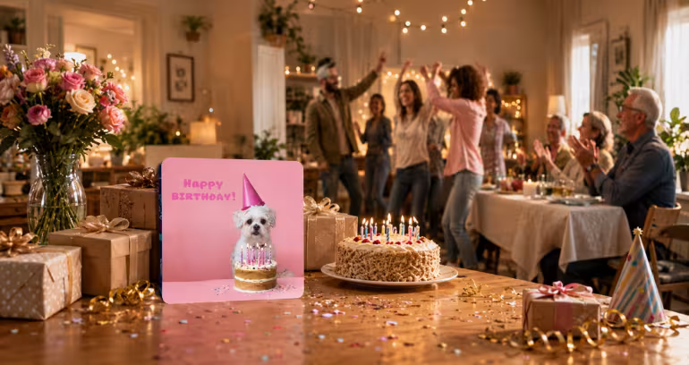 Bursdagskort med hund og kake foran en bursdagsfeiring med gjester