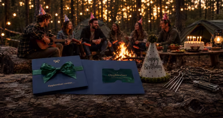 Gavekort med teksten Opplevelser foran venner som feirer bursdag rundt et bål i skogen