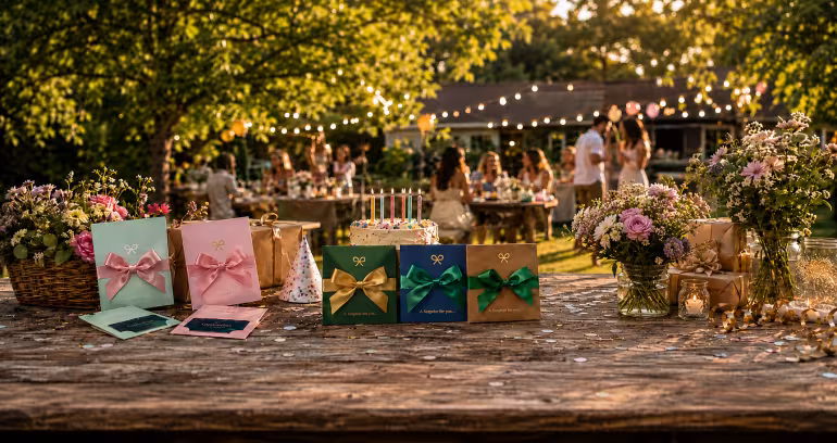 Gavekonvolutter med sløyfer, en kake og blomster på et bord under en hagefest