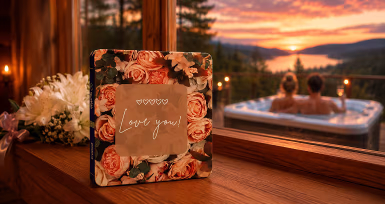 Gaveeske med teksten Love you! foran et par i et utendørs boblebad ved solnedgang