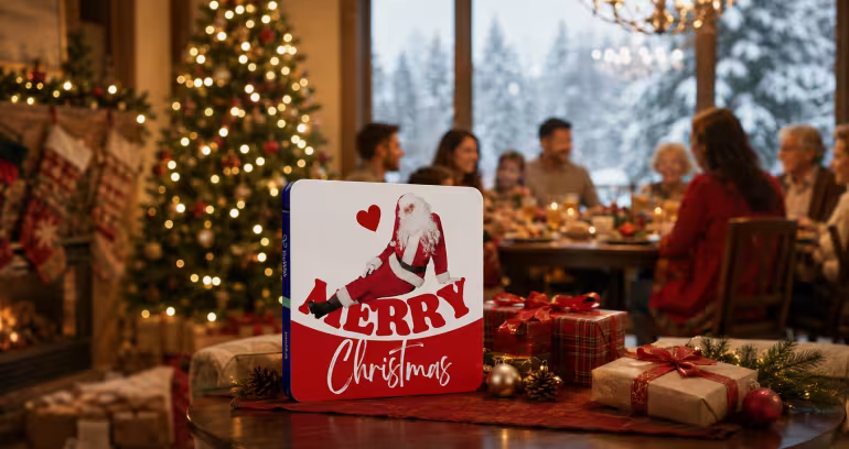 Gaveeske med teksten Merry Christmas foran et pyntet juletre og en familie ved middagsbordet