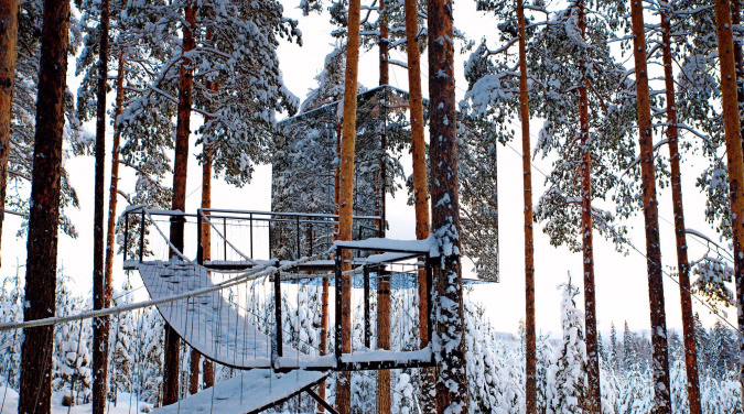 Trehytte med speilvegger i en snødekt skog med en gangbro