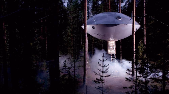Sølvfarget UFO-formet struktur hengende mellom trær i en tåkete skog med en stige