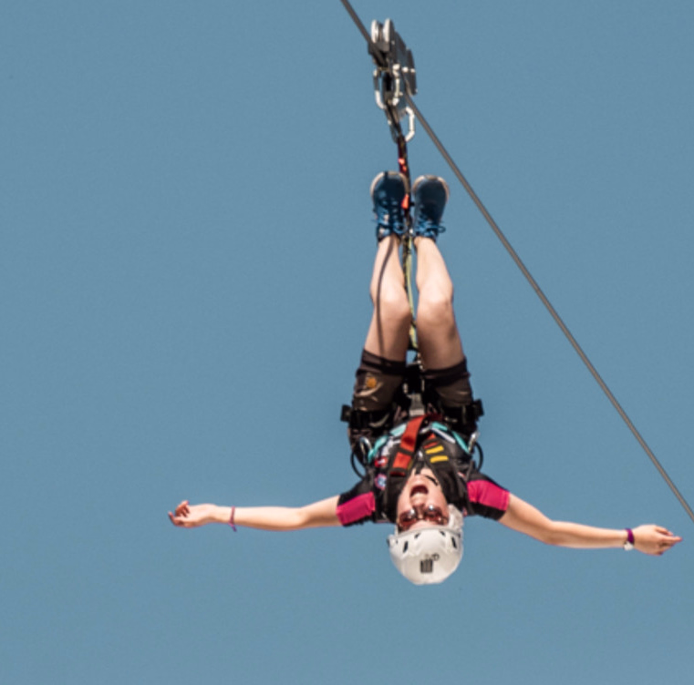 Person som henger opp ned i en zipline med utstrakte armer mot en blå himmel